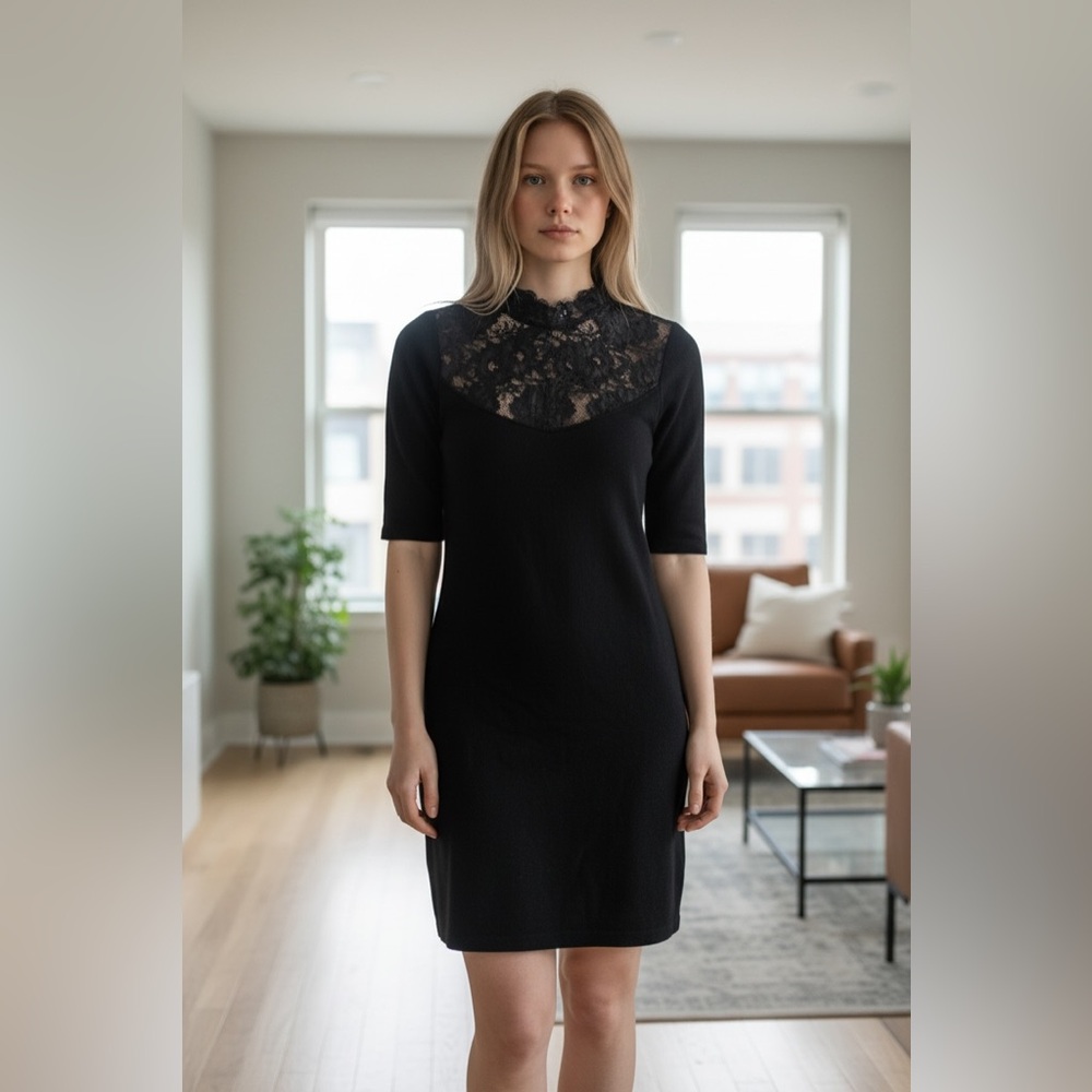 Black Lace Yoke Short Sleeve Mini Dress - Sleek Evening Style